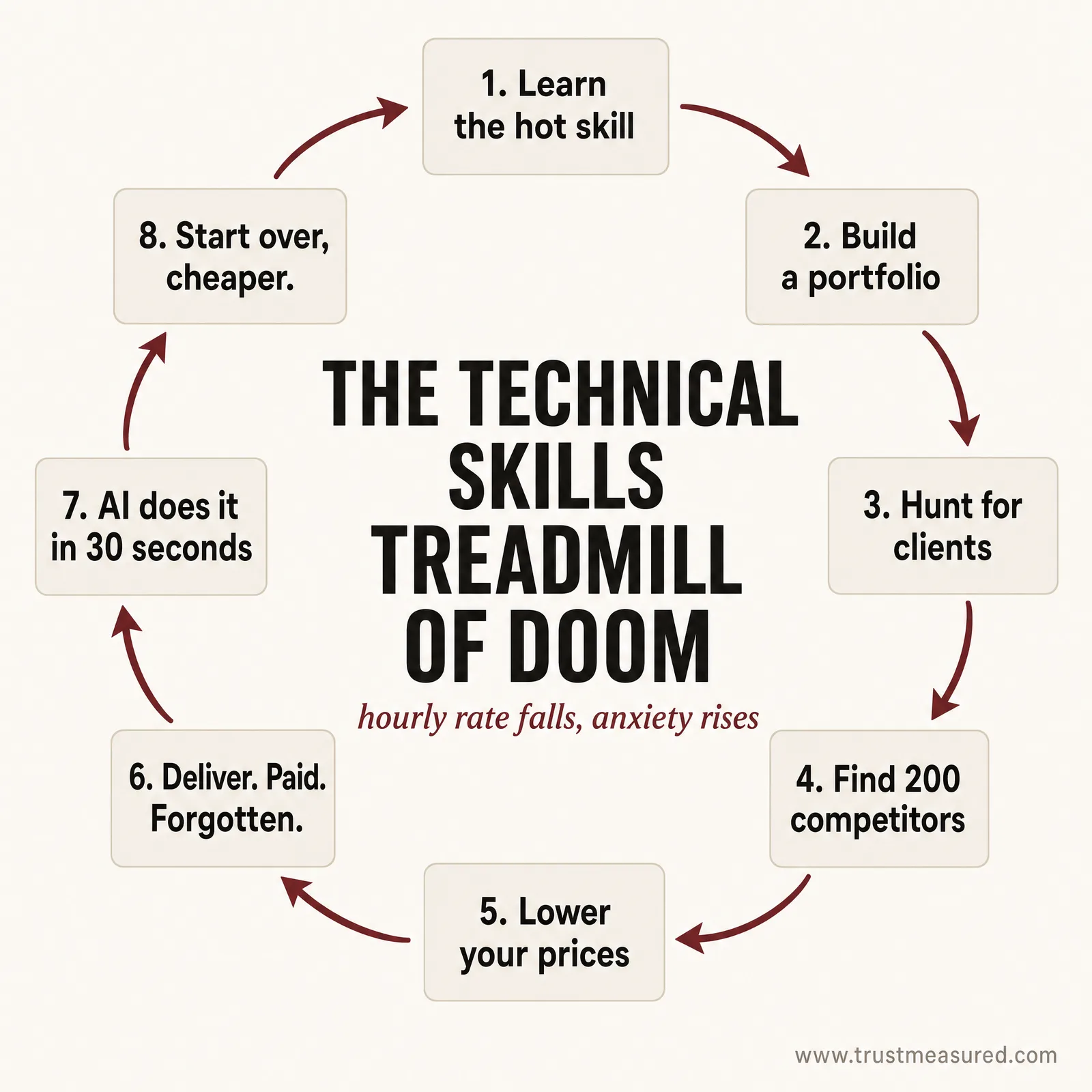The Technical Skills Treadmill of Doom, drawn as a closed loop of eight steps
