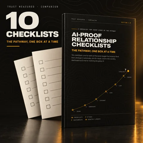 The AI-Proof Relationship Checklists guide beside two printed checklists, under the words “10 checklists: the pathway, one box at a time.”