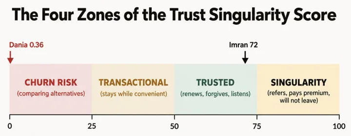The four zones of the Trust Singularity Score: Churn Risk from 0 to 25, Transactional to 50, Trusted to 75, Singularity to 100. Dania, a composite from Chapter 2, sits at 0.36; Imran sits at 72.